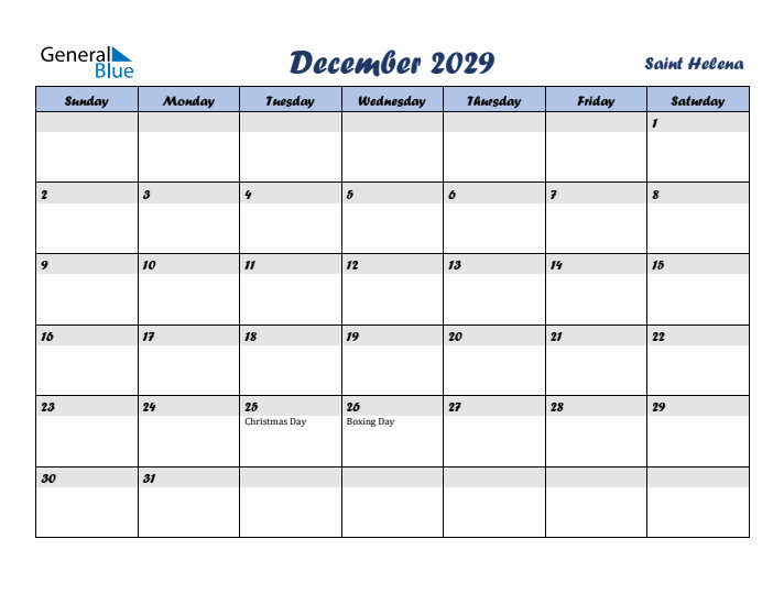December 2029 Calendar with Holidays in Saint Helena