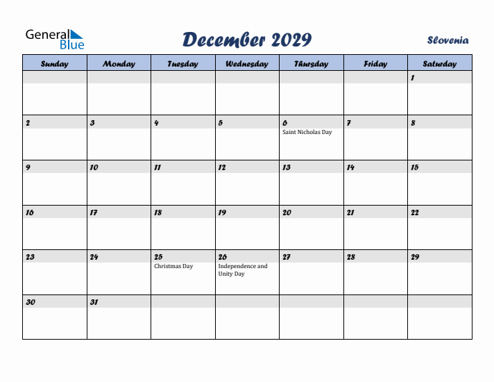 December 2029 Calendar with Holidays in Slovenia