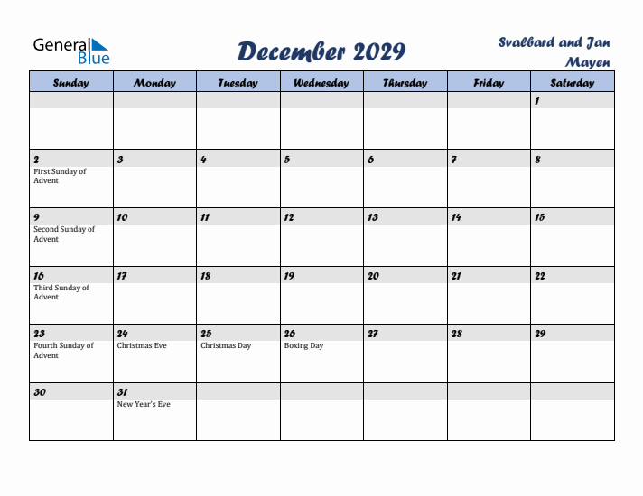 December 2029 Calendar with Holidays in Svalbard and Jan Mayen