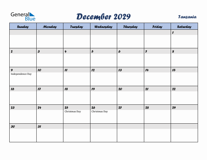 December 2029 Calendar with Holidays in Tanzania