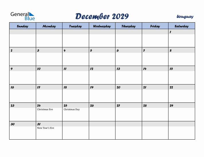 December 2029 Calendar with Holidays in Uruguay