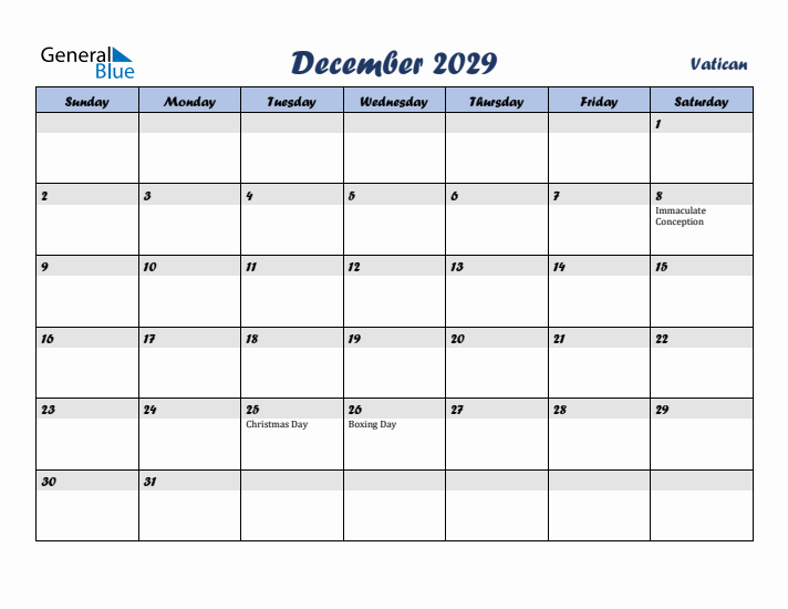 December 2029 Calendar with Holidays in Vatican