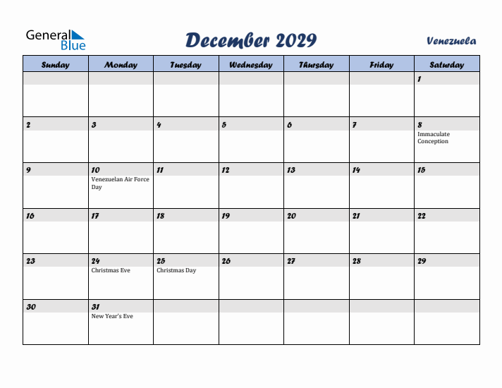 December 2029 Calendar with Holidays in Venezuela