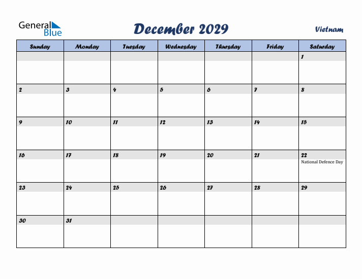 December 2029 Calendar with Holidays in Vietnam
