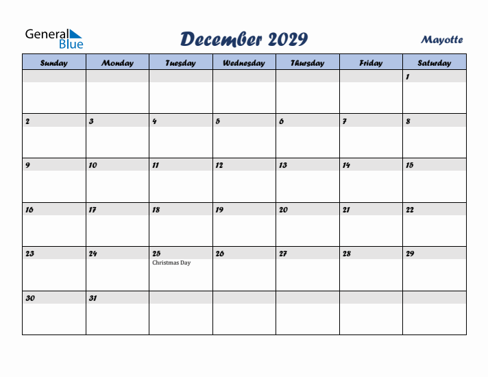 December 2029 Calendar with Holidays in Mayotte