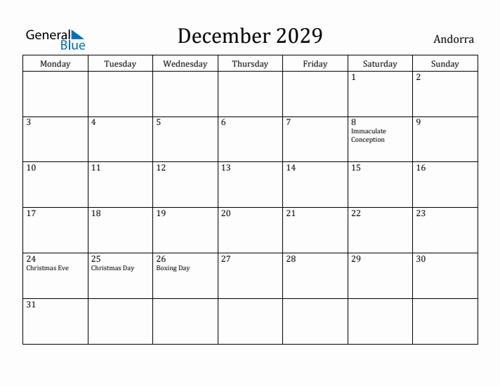 December 2029 Calendar Andorra
