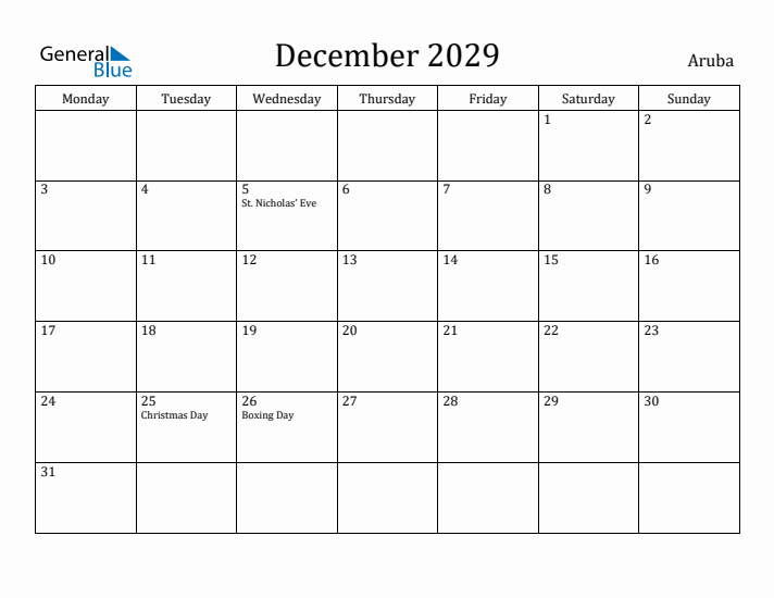 December 2029 Calendar Aruba