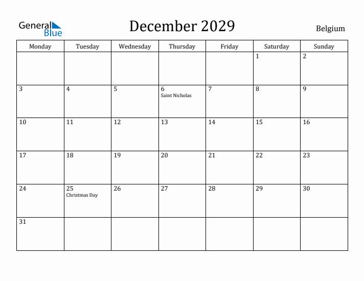 December 2029 Calendar Belgium