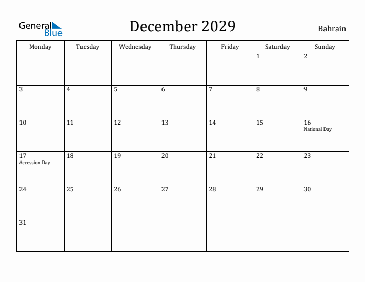 December 2029 Calendar Bahrain
