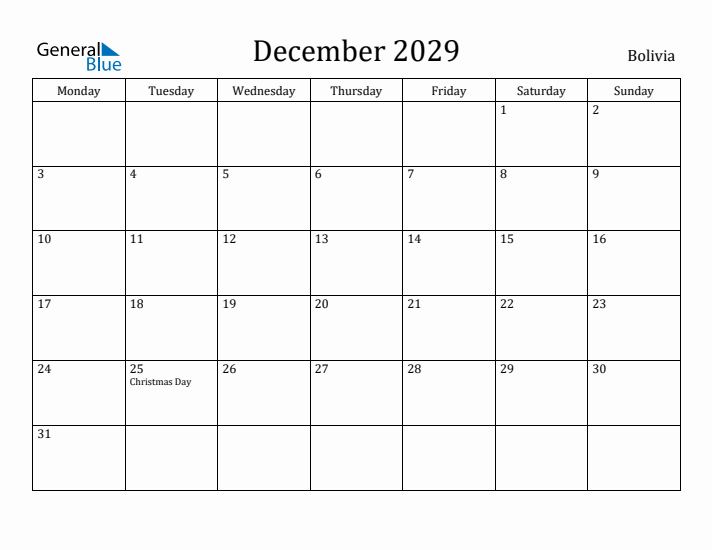 December 2029 Calendar Bolivia