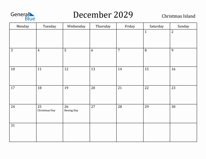 December 2029 Calendar Christmas Island