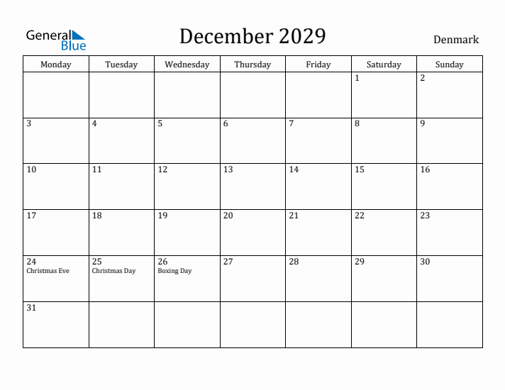 December 2029 Calendar Denmark