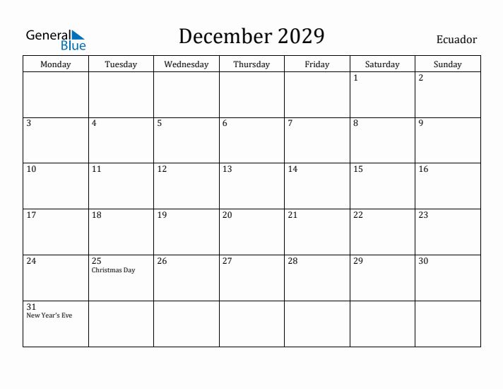 December 2029 Calendar Ecuador