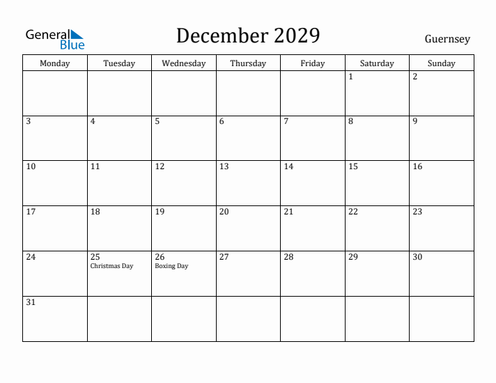 December 2029 Calendar Guernsey