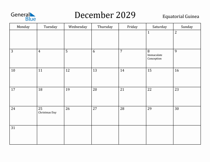 December 2029 Calendar Equatorial Guinea