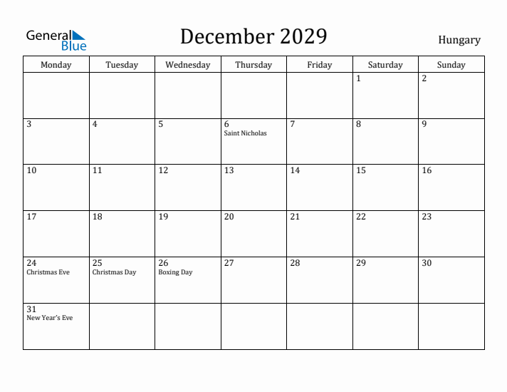 December 2029 Calendar Hungary