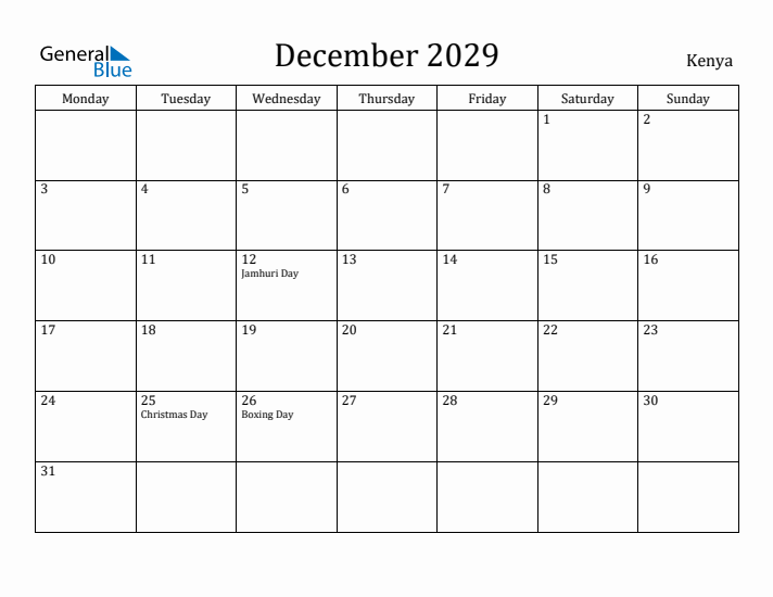 December 2029 Calendar Kenya