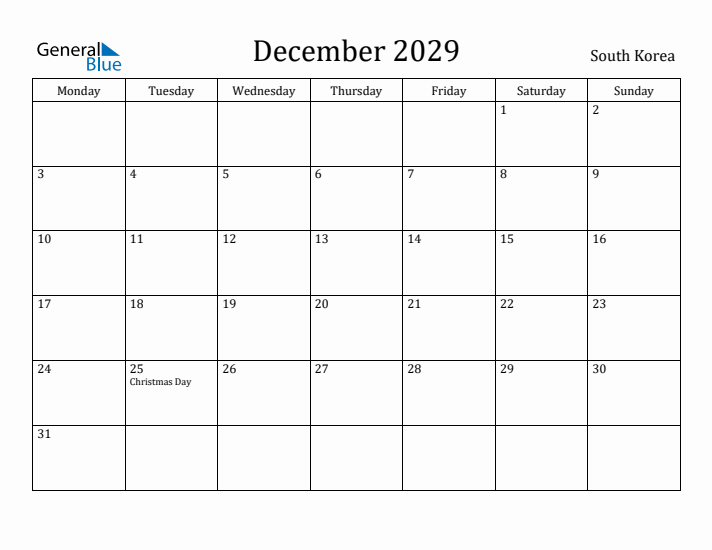 December 2029 Calendar South Korea