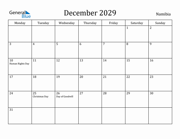 December 2029 Calendar Namibia