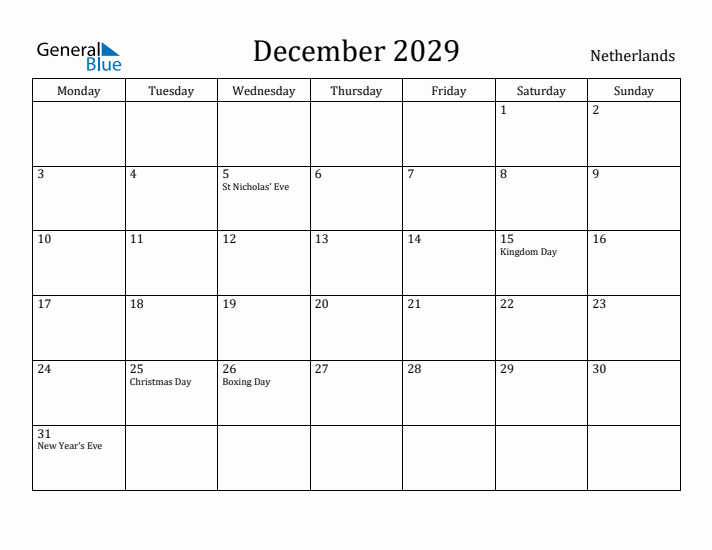 December 2029 Calendar The Netherlands