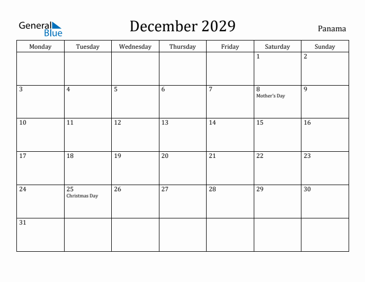 December 2029 Calendar Panama