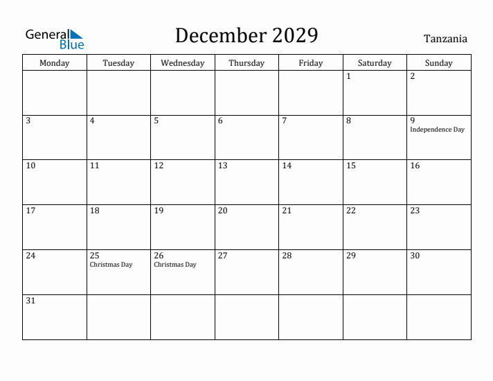 December 2029 Calendar Tanzania
