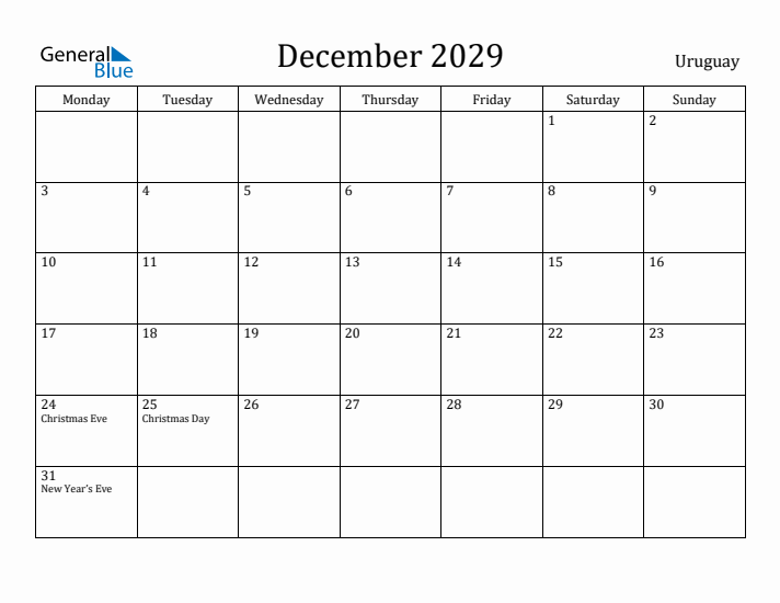 December 2029 Calendar Uruguay