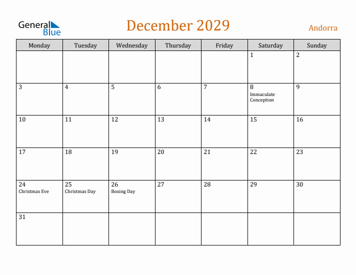 December 2029 Holiday Calendar with Monday Start