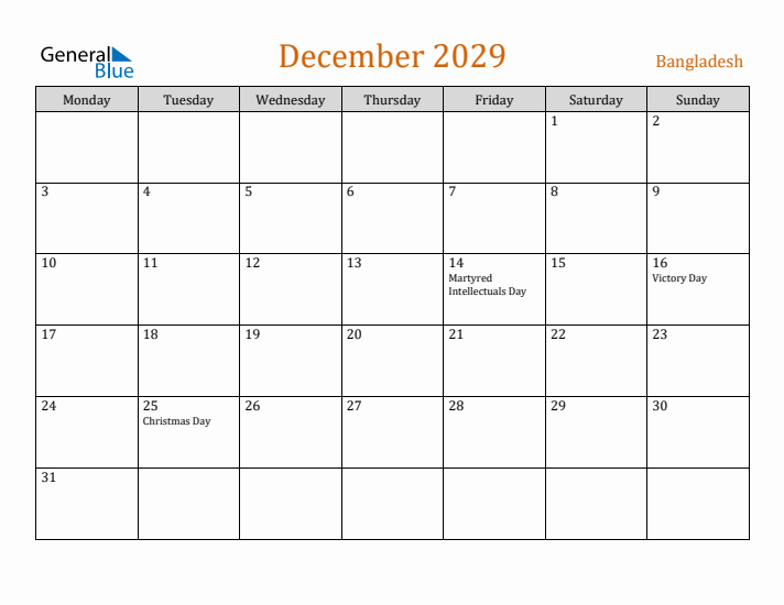 December 2029 Holiday Calendar with Monday Start