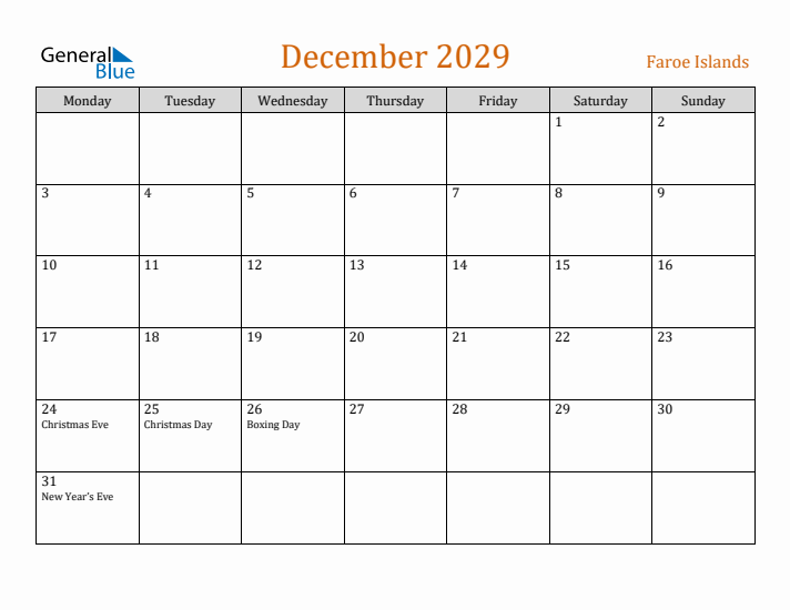 December 2029 Holiday Calendar with Monday Start