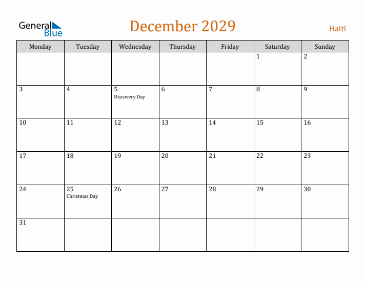 December 2029 Holiday Calendar with Monday Start