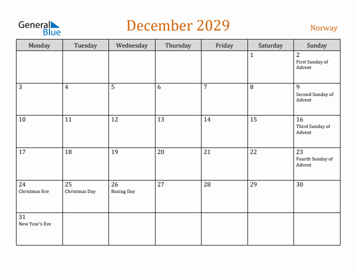 December 2029 Holiday Calendar with Monday Start