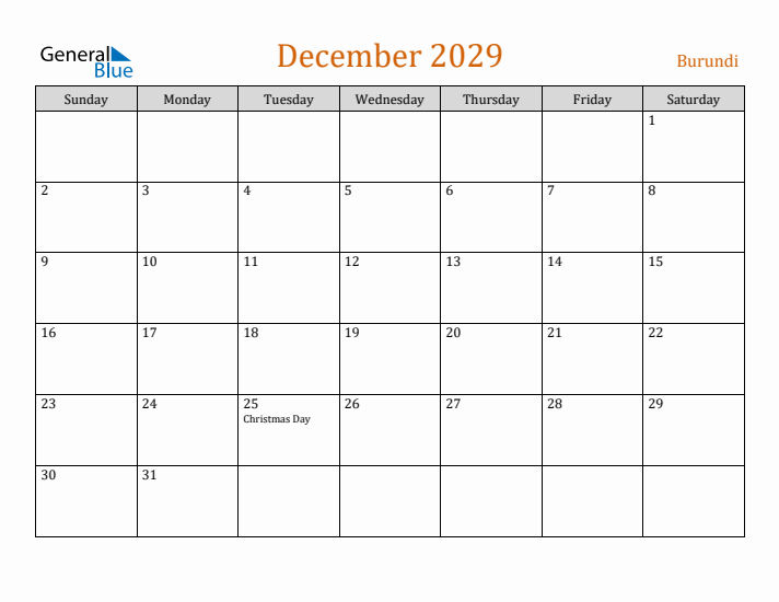 December 2029 Holiday Calendar with Sunday Start