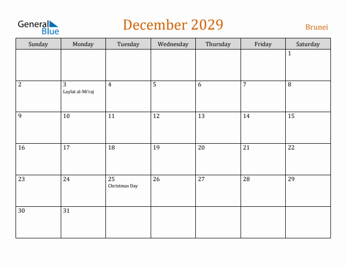 December 2029 Holiday Calendar with Sunday Start