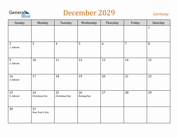 December 2029 Holiday Calendar with Sunday Start