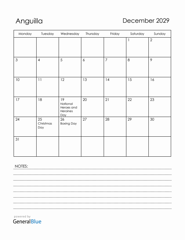 December 2029 Anguilla Calendar with Holidays (Monday Start)