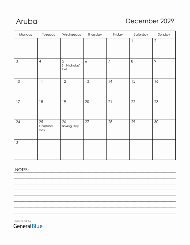 December 2029 Aruba Calendar with Holidays (Monday Start)