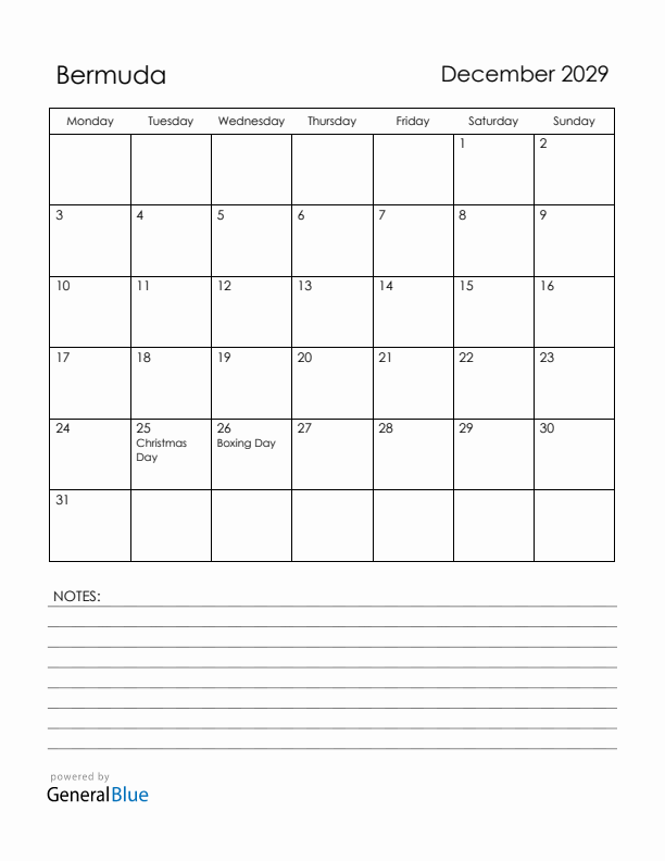 December 2029 Bermuda Calendar with Holidays (Monday Start)