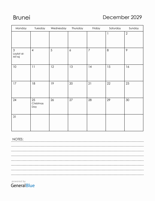 December 2029 Brunei Calendar with Holidays (Monday Start)