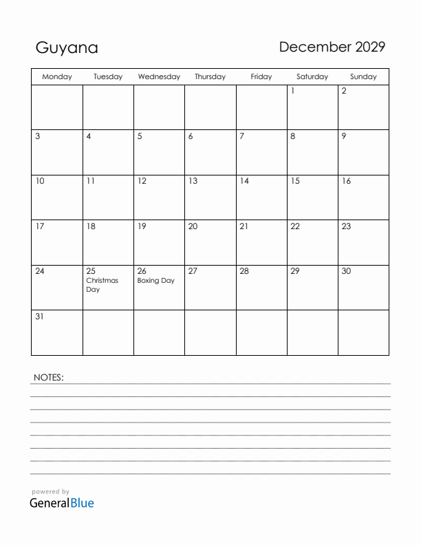 December 2029 Guyana Calendar with Holidays (Monday Start)