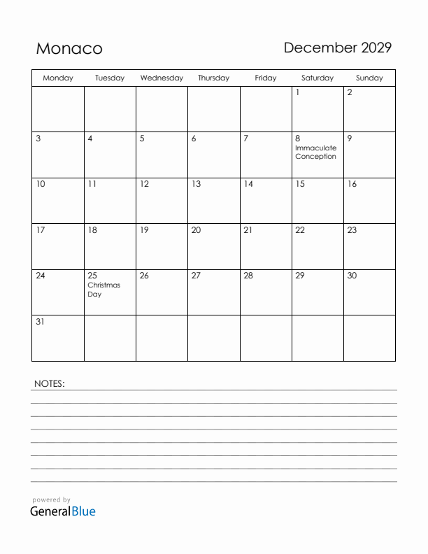 December 2029 Monaco Calendar with Holidays (Monday Start)