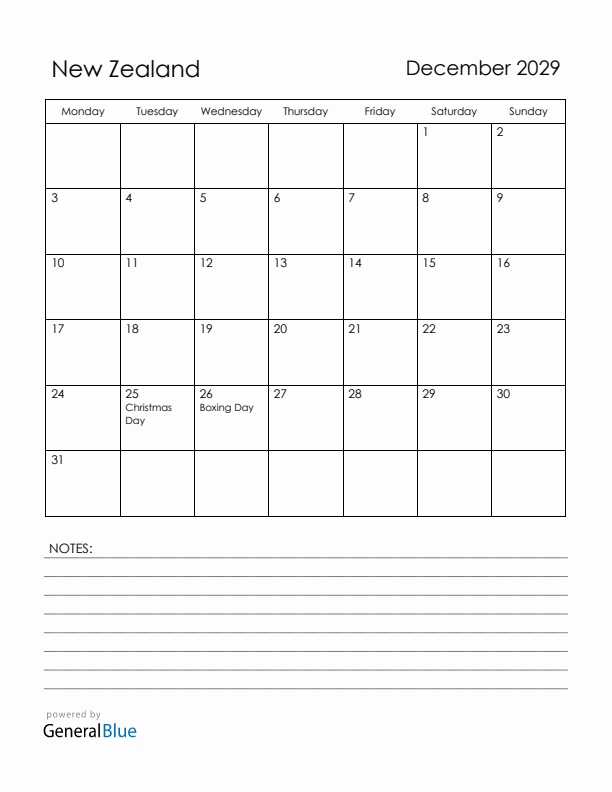 December 2029 New Zealand Calendar with Holidays (Monday Start)
