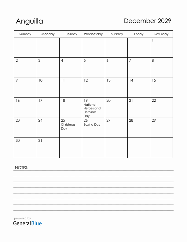 December 2029 Anguilla Calendar with Holidays (Sunday Start)