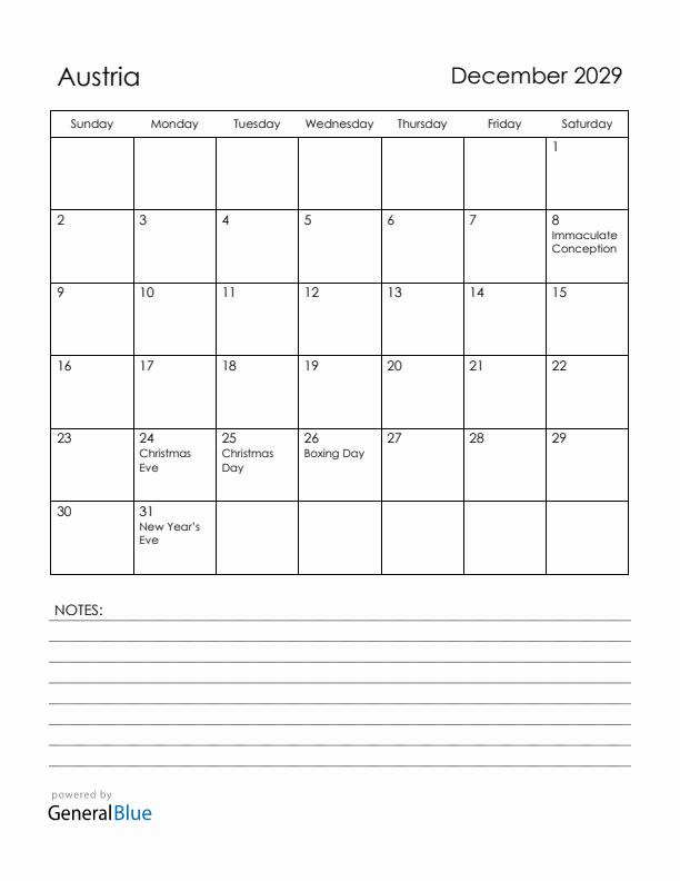 December 2029 Austria Calendar with Holidays (Sunday Start)