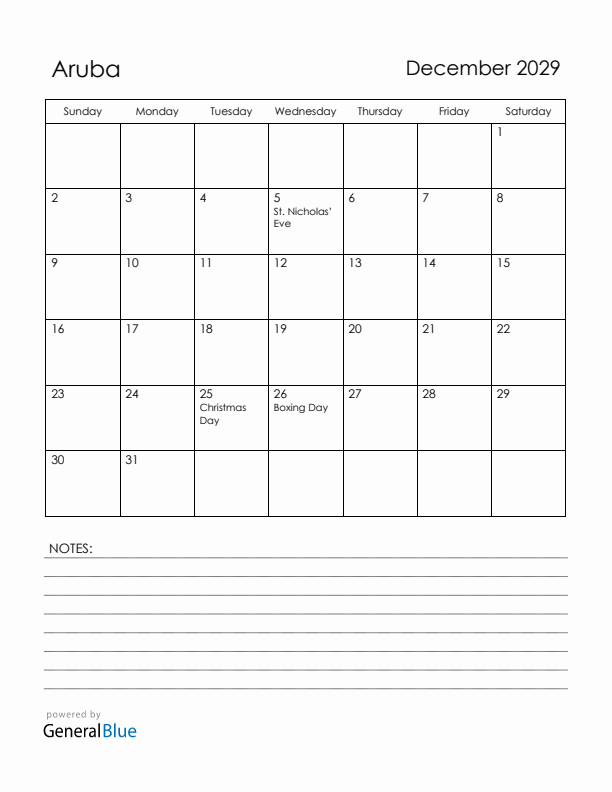December 2029 Aruba Calendar with Holidays (Sunday Start)