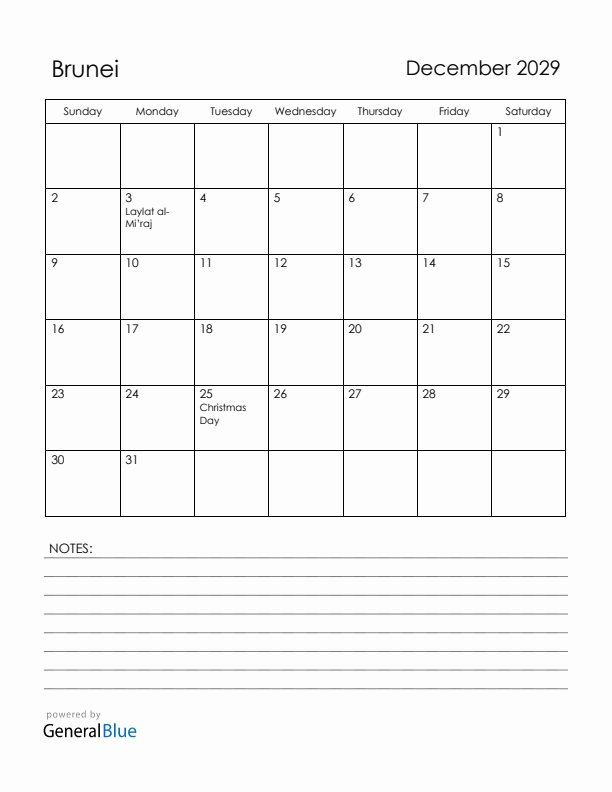 December 2029 Brunei Calendar with Holidays (Sunday Start)
