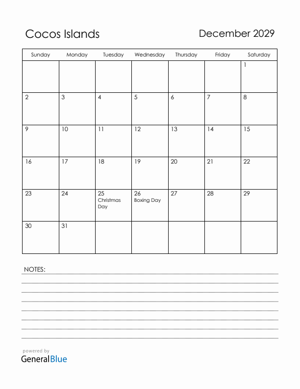 December 2029 Cocos Islands Calendar with Holidays (Sunday Start)