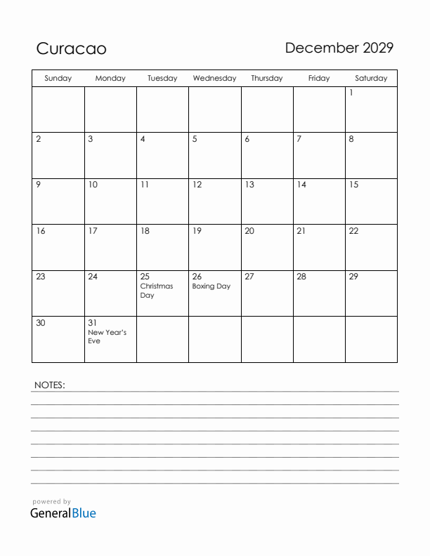 December 2029 Curacao Calendar with Holidays (Sunday Start)