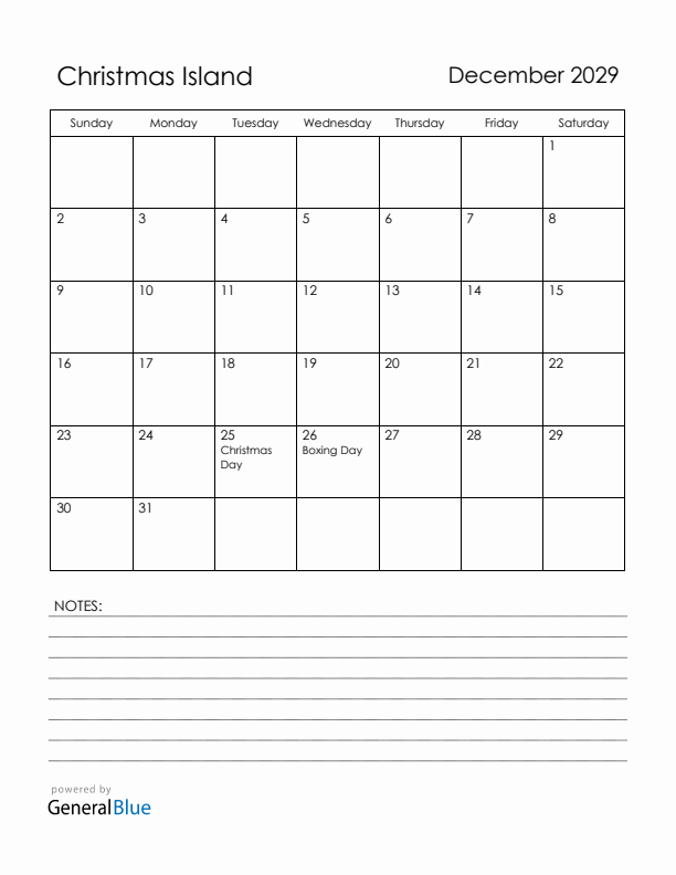 December 2029 Christmas Island Calendar with Holidays (Sunday Start)