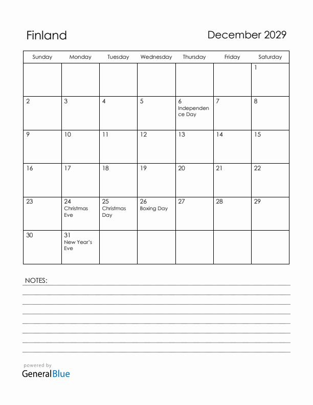 December 2029 Finland Calendar with Holidays (Sunday Start)